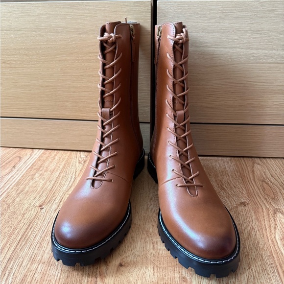 J. Crew Gwen lug-sole leather lace-up tall shaft boots Rich oak - Picture 1 of 8